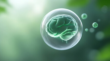 Poster - A surreal representation of a brain inside a bubble, symbolizing thoughts and ideas in a tranquil environment.