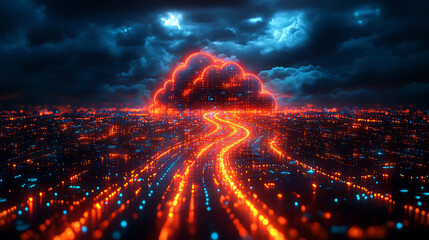 Aufkleber - A vibrant, futuristic cityscape illuminated by glowing pathways and dynamic clouds, showcasing advanced technology and creativity.