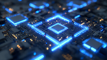 Poster - Close-up of a glowing microchip circuit board showcasing modern technological advancements and intricate design.