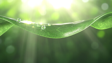 Poster - Close-up of green leaves with water droplets, illuminated by soft sunlight, showcasing a tranquil and refreshing natural atmosphere.
