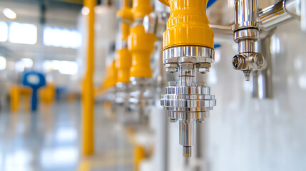 Poster - Close-up of industrial pipes and valves with yellow handles, showcasing advanced engineering in a modern factory setting.