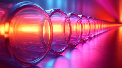 Poster - Colorful laboratory tubes in neon lighting create a futuristic atmosphere, perfect for science and chemistry themes.