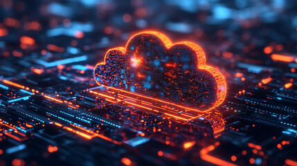 Poster - Futuristic cloud illustration, representing digital storage and connectivity in a vibrant, abstract environment.