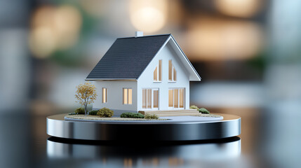 Leinwandbilder - Miniature model house showcasing modern architecture with warm lighting and a scenic landscape.