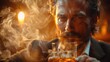 © svastix - A dramatic portrait of a bearded man holding a whiskey glass, illuminated by warm light and surrounded by smoke, evoking a sense of mystery and contemplation.