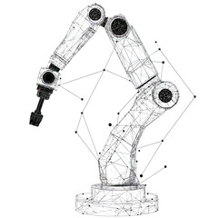 Poster - Isolated robotic arm wireframe illustration with polygonal lines and dots on white background industrial automation technology concept design vector sketch drawing