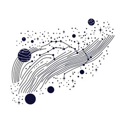 Poster - Abstract cosmic constellation with planets stars and flowing lines space astronomy illustration vector design on white background
