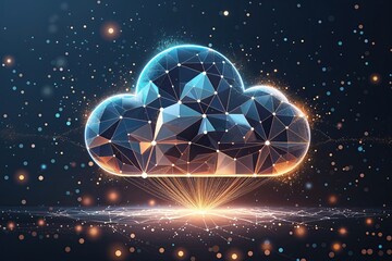 Poster - Impressive Cloud Data Storage Network Illustration Featuring Triangles and Particle Effects in a Digital Ecosystem