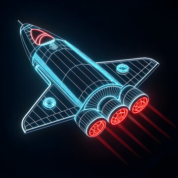 Digital wireframe of a neon glowing spaceship, glowing blue with detailed contours and a futuristic design, set against a dark sci-fi backdrop.