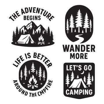 Outdoor adventure badge set featuring camping quotes and forest illustrations. 