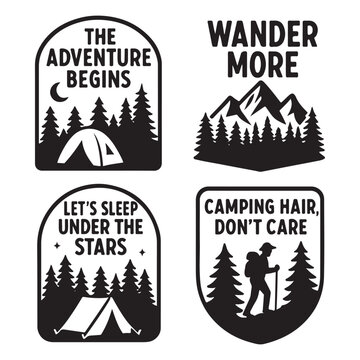 Outdoor adventure badge set featuring camping quotes and forest illustrations. 