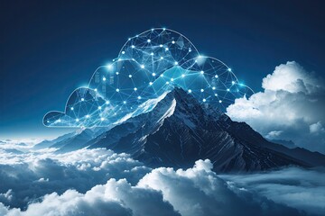 Poster - Innovative Cloud Computing Concepts: Abstract Visualizations of Connectivity and Elevation Against a Deep Blue Background