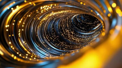 Poster - A swirling, illuminated tunnel of metallic rings and glowing particles, creating a dynamic, abstract visual effect.