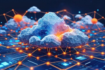 Poster - Futuristic Cloud Computing and Blockchain Technology Network 3D Illustration Highlighting Innovation Connectivity and Digital Finance
