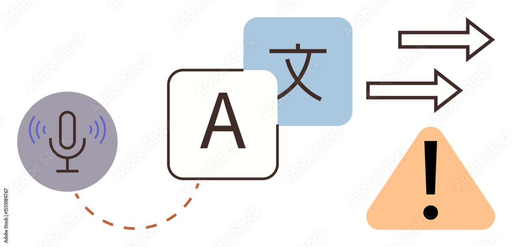 Microphone, language symbols, double arrows, and alert triangle ...