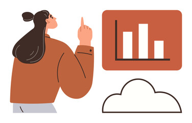 Poster - woman examines bar chart display indicating data analysis, growth trends, and cloud integration. ide