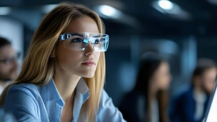 Poster - A focused individual wearing futuristic glasses in a modern setting, likely engaged in a discussion or presentation.