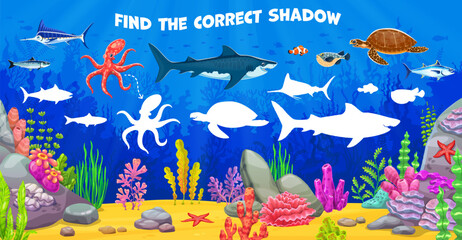 Poster - Find correct shadow of sea animals at underwater landscape for kids game, vector worksheet. Cartoon puzzle quiz to find same silhouette of shark fish and funny octopus, turtle and clownfish character