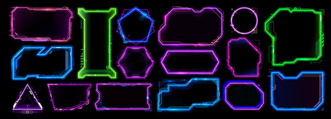 Leinwandbilder - Neon game frames asset, HUD interface overlay templates vector set. Futuristic glowing cyberpunk borders. Callout titles, information call boxes in digital modern scifi and high tech holographic style