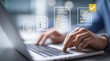 © XIAO - Digital concept of online form - filling on laptop, with floating form icons and check - mark symbol, for business or administrative use