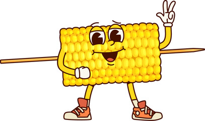 Poster - Fast food groovy fried corn character. Street food restaurant meal, takeaway menu fried or grilled corn on stick cute groovy vector personage. Taiwanese cuisine fast food cafe snack or appetizer