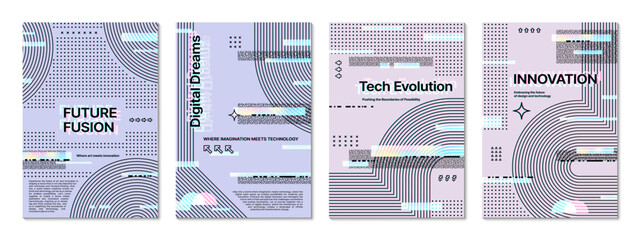 Aufkleber - Futuristic glitch poster background, geometric template cover. Business presentation page, corporate brochure cover vector template with futuristic glitch effect, line and dots colorful pattern