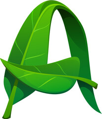 Fototapete - Plant green leaf font letter A. Green leaf latin font element, nature plant cartoon isolated vector type letter. Environment tree foliage kids ABC typeface symbol or English alphabet typeset sign
