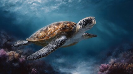 Wall Mural - Sea turtle gracefully gliding above vibrant coral reef in tropical waters