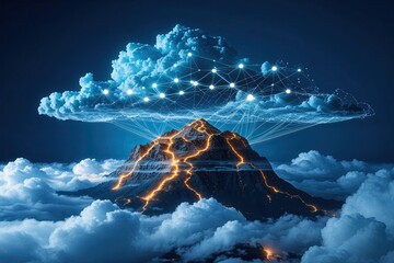 Poster - Cutting Edge Cloud Computing Ideas Abstract Visualizations of Connectivity and Elevation on a Deep Blue Background