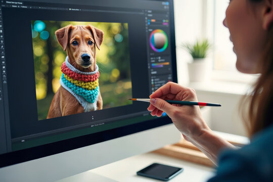 Close-up: Designer adding hand-drawn elements to digital photograph in modern studio