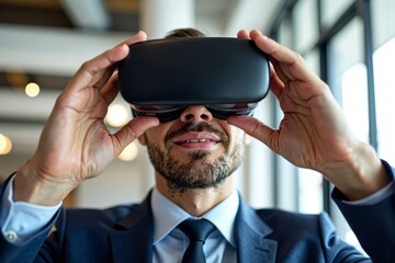 Poster - Businessman in modern office using virtual reality headset.