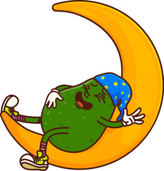 Poster - Cartoon groovy avocado sleeping on moon crescent with funny face, vector vegetable character. Retro cartoon groovy avocado character in nightcap with stars, snoozing in nap on moon in dream for emoji