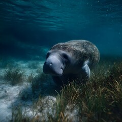 Wall Mural - Manatee grazing on seagrass in tranquil underwater scene