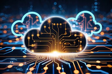 Poster - Illuminated Cloud Design with Circuit Patterns Illustrating Data Interoperability and Connectivity for Technology Graphics