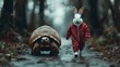 © svastix - A whimsical scene of a rabbit wearing a red outfit walking alongside a turtle, evoking curiosity and humor in a natural setting filled with trees and soft lighting.
