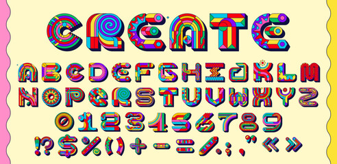 Poster - Funky groovy font, hippie typeface, color letters type, geometric English alphabet, abc numbers and signs with psychedelic patterns. Vector bright and vivid typeset with y2k retro nostalgic vibes