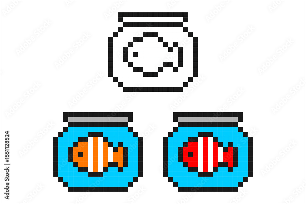 Pixel art fish in bowls. Includes colorful and outline versions in ...
