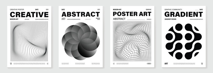 Poster - Abstract monochrome poster background vector set. Modern cover template with black and white perspective geometric prism shape, halftone dot, line. Ideal design for social media, banner, ads.
