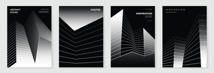 Poster - Abstract monochrome poster background vector set. Modern cover template with black and white perspective geometric prism shape, halftone dot, line. Ideal design for social media, banner, ads.