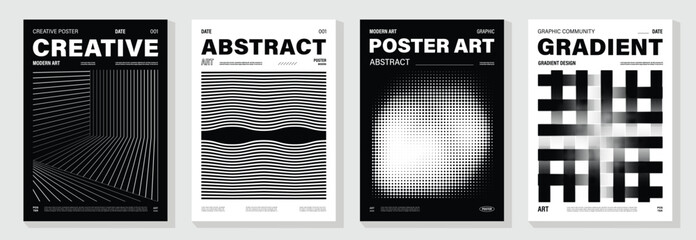 Poster - Abstract monochrome poster background vector set. Modern cover template with black and white perspective geometric prism shape, halftone dot, line. Ideal design for social media, banner, ads.