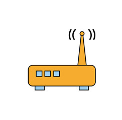 Poster - A cartoon vector of an orange wireless router with a single antenna and radiating signal waves, symbolizing Wi-Fi connectivity.