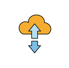 Poster - A vector icon of an orange cloud with a light blue upward arrow and a downward arrow, symbolizing data upload and download from cloud storage.