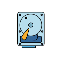 Poster - A cartoon vector icon depicting an internal computer hard drive, showcasing the platter and read/write head, symbolizing data storage.