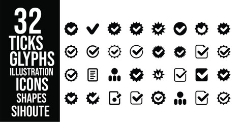 Leinwandbilder - A collection of various black and white check mark icons and shapes arranged in a grid format on white