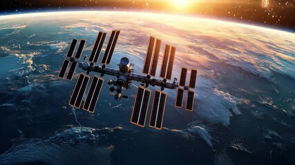 Poster - Space station orbits Earth amidst a stunning sunset, illuminating the blue sky and stars, Space station orbit blue sky stars sunset glow 3d