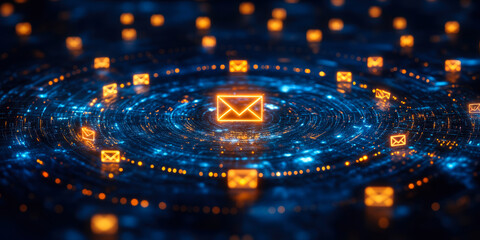 Poster - Glowing digital envelope icons representing email communication and data transfer in futuristic blue and orange abstract technology network with circular motion effects