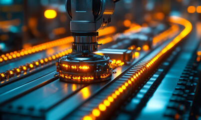 Aufkleber - close-up of robotic arm on automated conveyor belt with glowing orange lights in modern factory production line technology and industry concept
