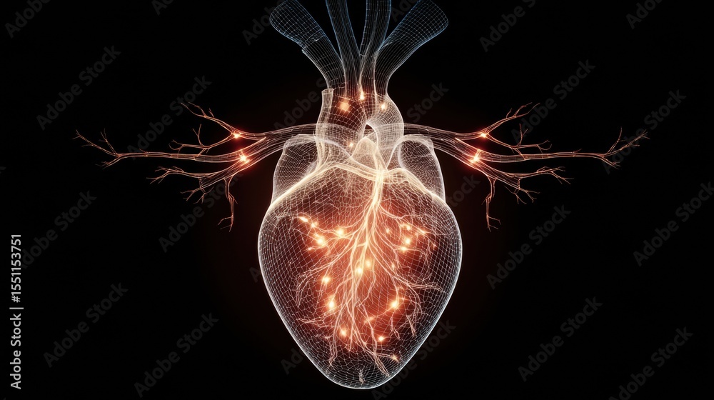 Detailed Heart Cross-Section Diagram Featuring Glowing Arteries and a ...