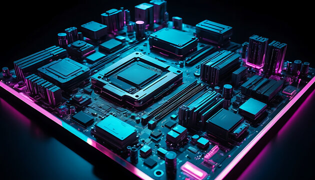Futuristic Motherboard with Neon Glow: Technological Abstract