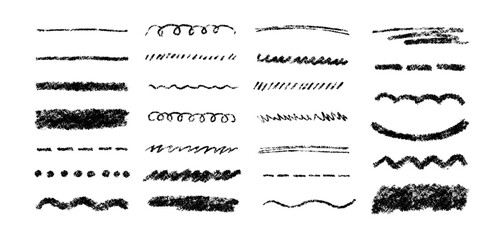 Poster - Hand drawn crayon scribble lines. Doodle chalk marker line stripes collection. Wavy chalk texture underlines. Handmade brush scribble dividers. Vector illustration isolated on white background.